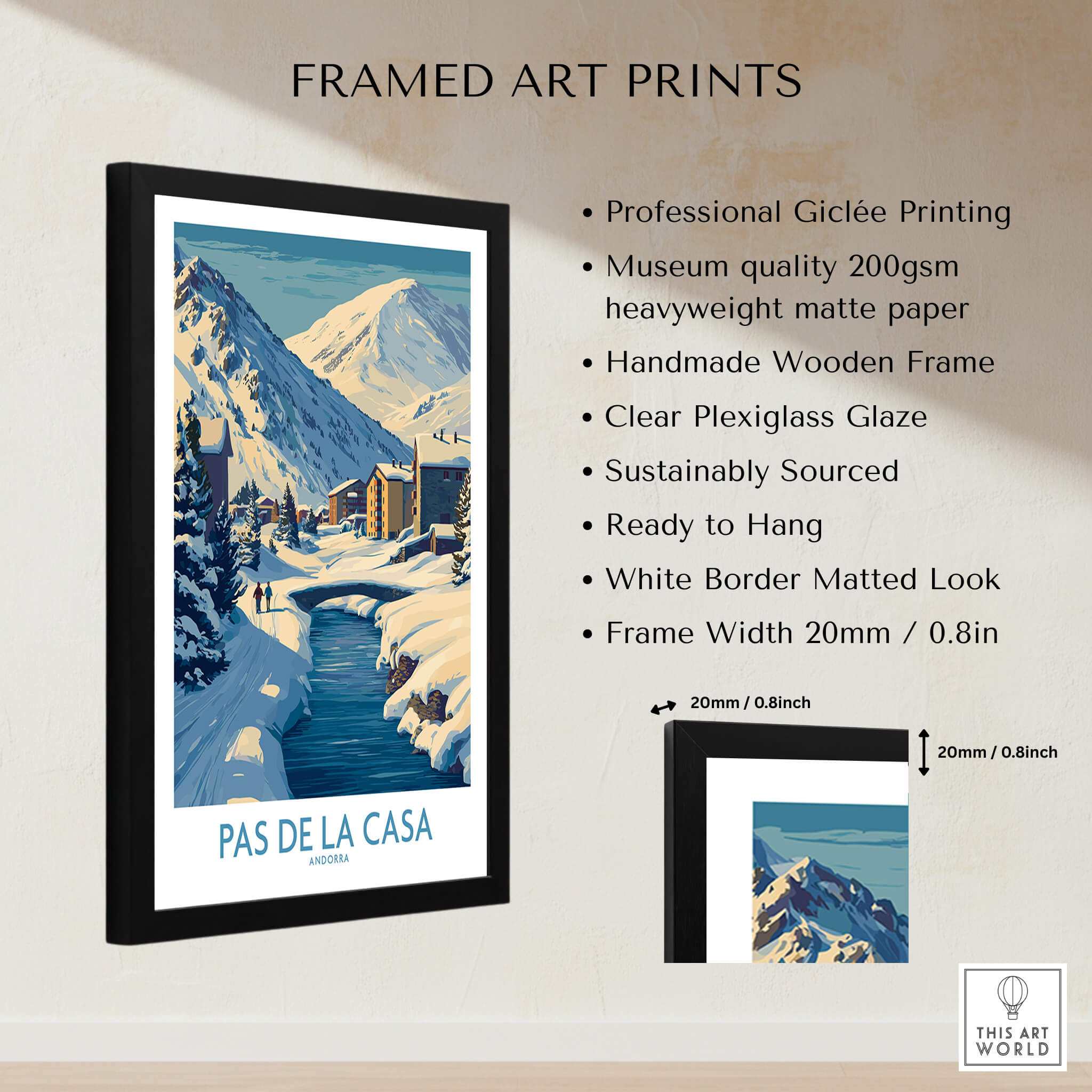 Pas de la Casa Andorra Art Print | Winter Village Bridge Poster showcased in a sleek black frame.