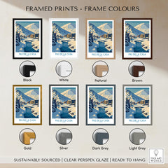 Pas de la Casa Andorra Art Print | Winter Village Bridge Poster displayed in various frame colors.