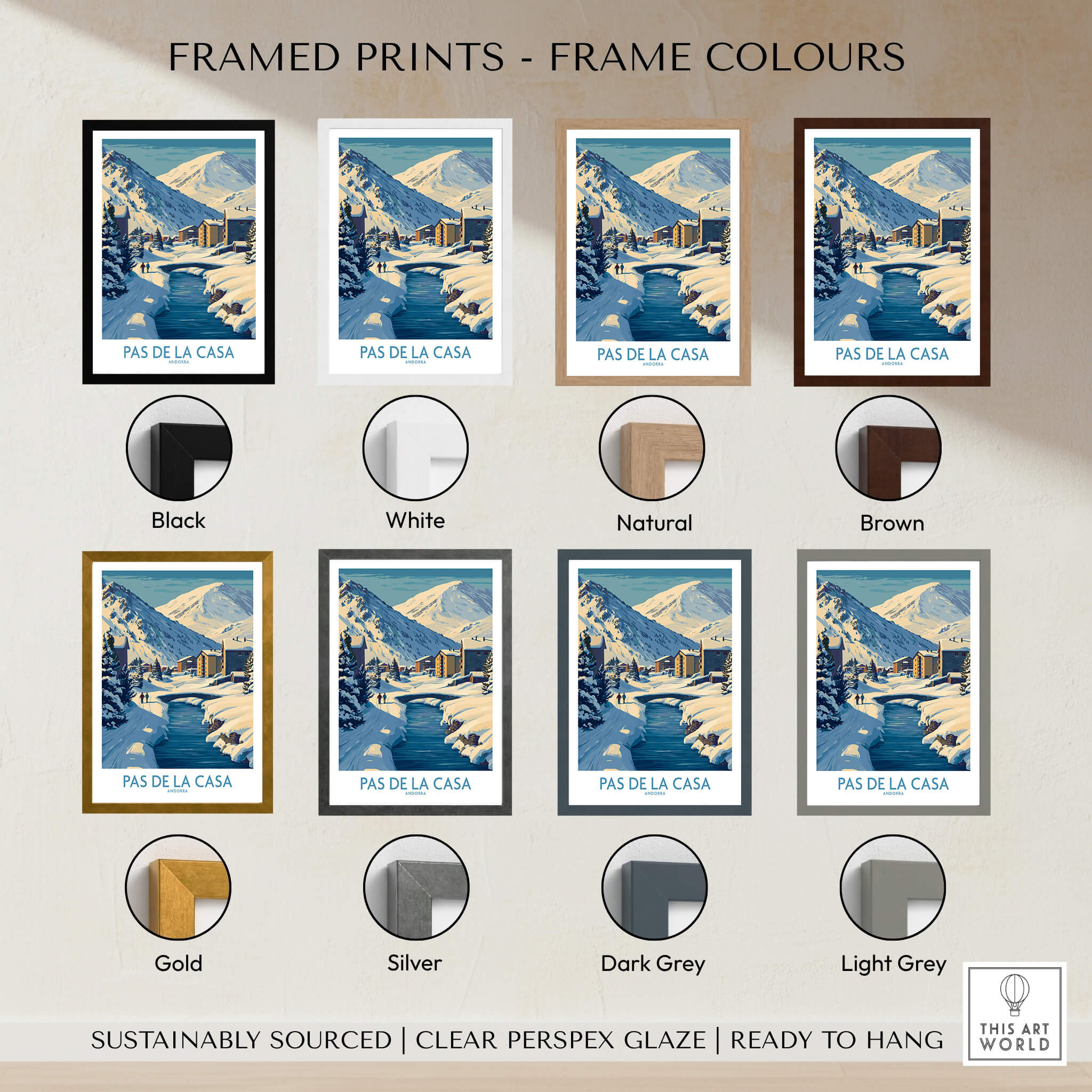 Pas de la Casa Andorra Art Print | Winter Village Bridge Poster displayed in various frame colors.