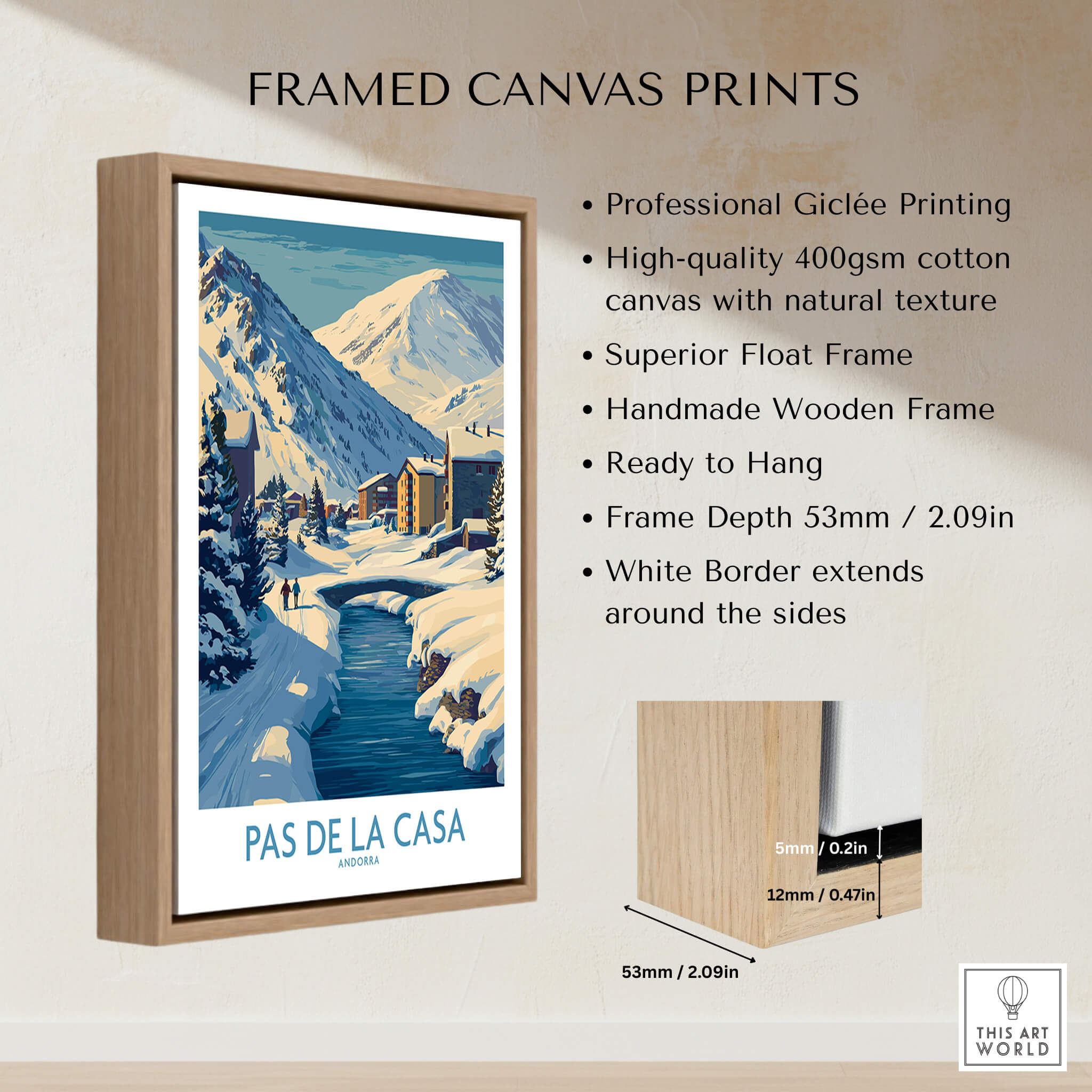 Pas de la Casa Andorra Art Print | Winter Village Bridge Poster framed canvas print with high-quality Giclée printing.