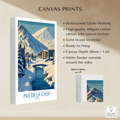 Pas de la Casa Andorra Art Print | Winter Village Bridge Poster canvas print showcasing snowy mountains and charming village.