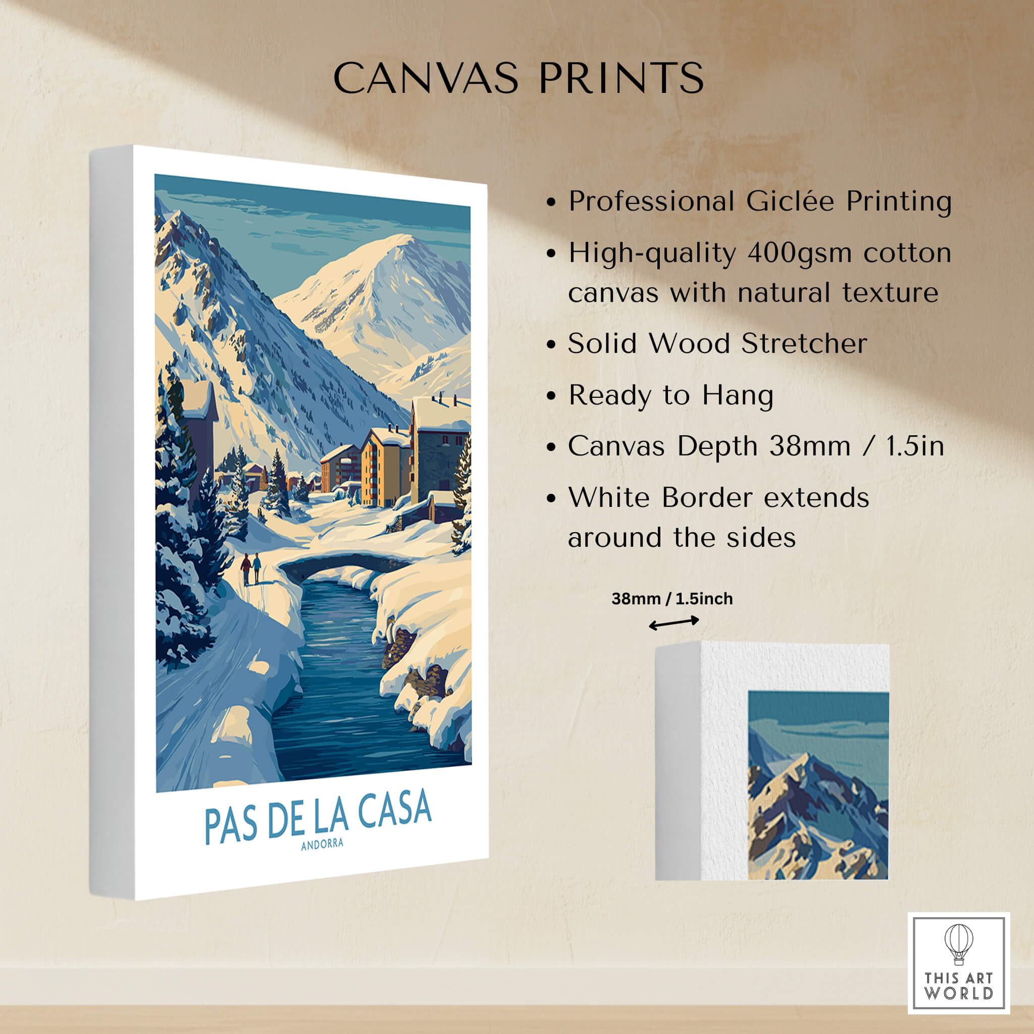 Pas de la Casa Andorra Art Print | Winter Village Bridge Poster canvas print showcasing snowy mountains and charming village.