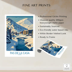 Pas de la Casa Andorra Art Print | Winter Village Bridge Poster showcasing a snowy village scene and a serene river.
