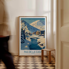 Pas de la Casa Andorra Art Print | Winter Village Bridge Poster featuring a snowy mountain scene.