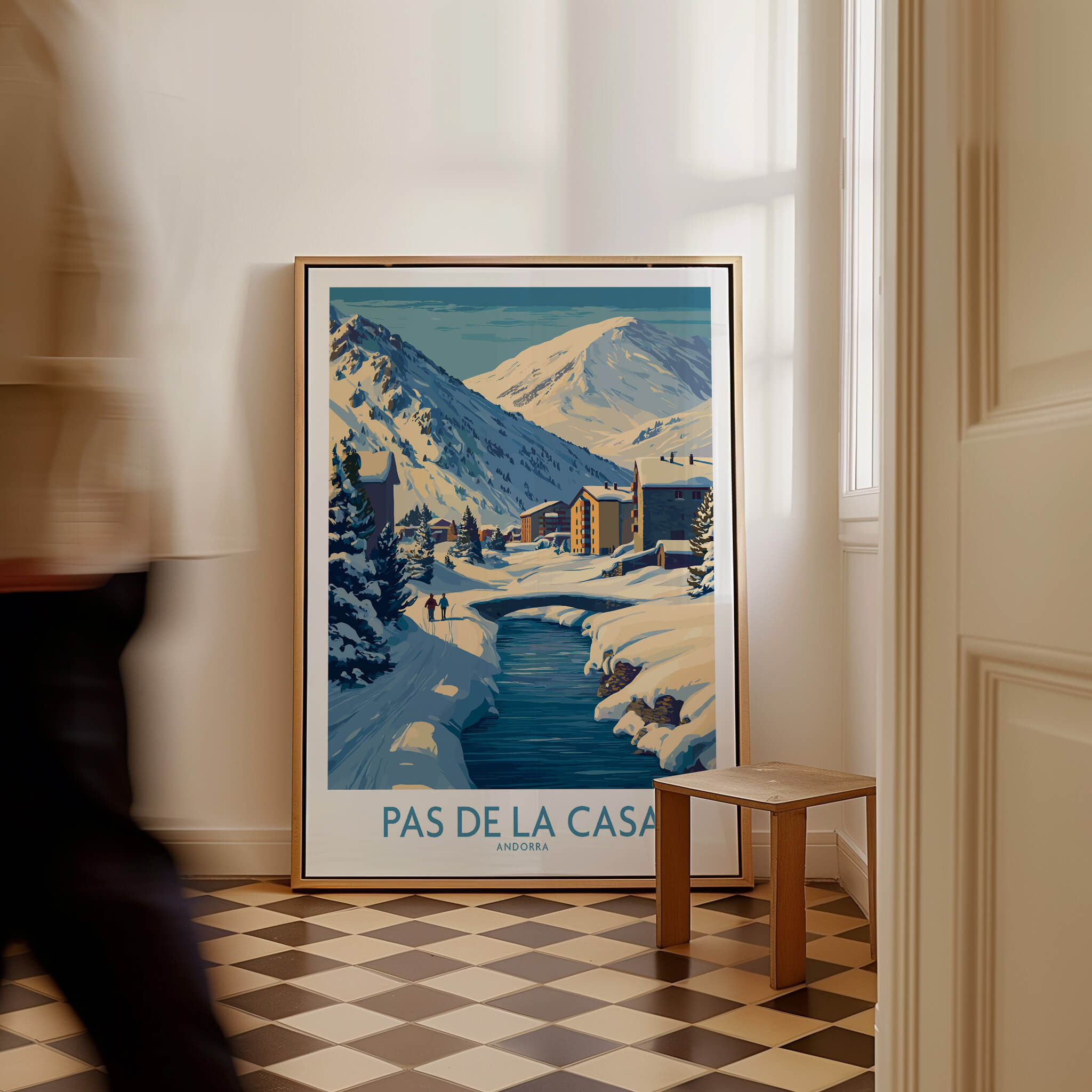 Pas de la Casa Andorra Art Print | Winter Village Bridge Poster featuring a snowy mountain scene.