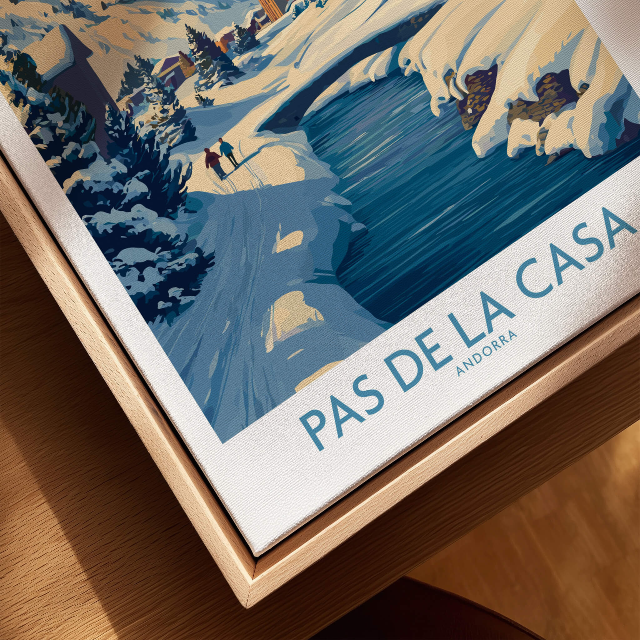 Pas de la Casa Andorra Art Print | Winter Village Bridge Poster showcasing a snowy landscape with a tranquil river.