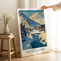 Pas de la Casa Andorra Art Print | Winter Village Bridge Poster showcasing a snowy village scene with a picturesque bridge.