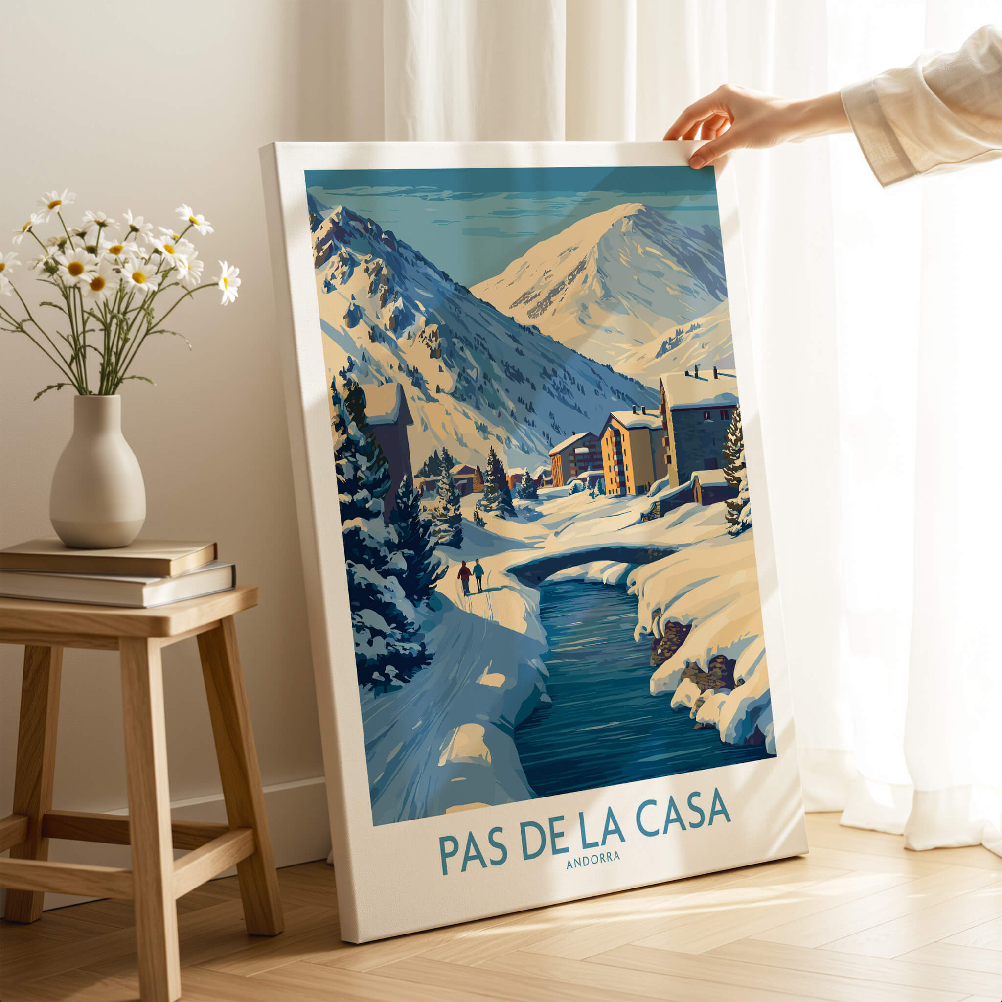 Pas de la Casa Andorra Art Print | Winter Village Bridge Poster showcasing a snowy village scene with a picturesque bridge.