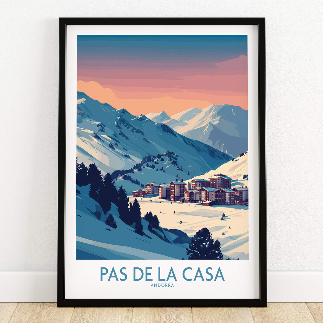 Pas de la Casa Andorra Poster | Pyrenees Ski Resort Wall Art featuring snowy peaks and ski resort scenery.