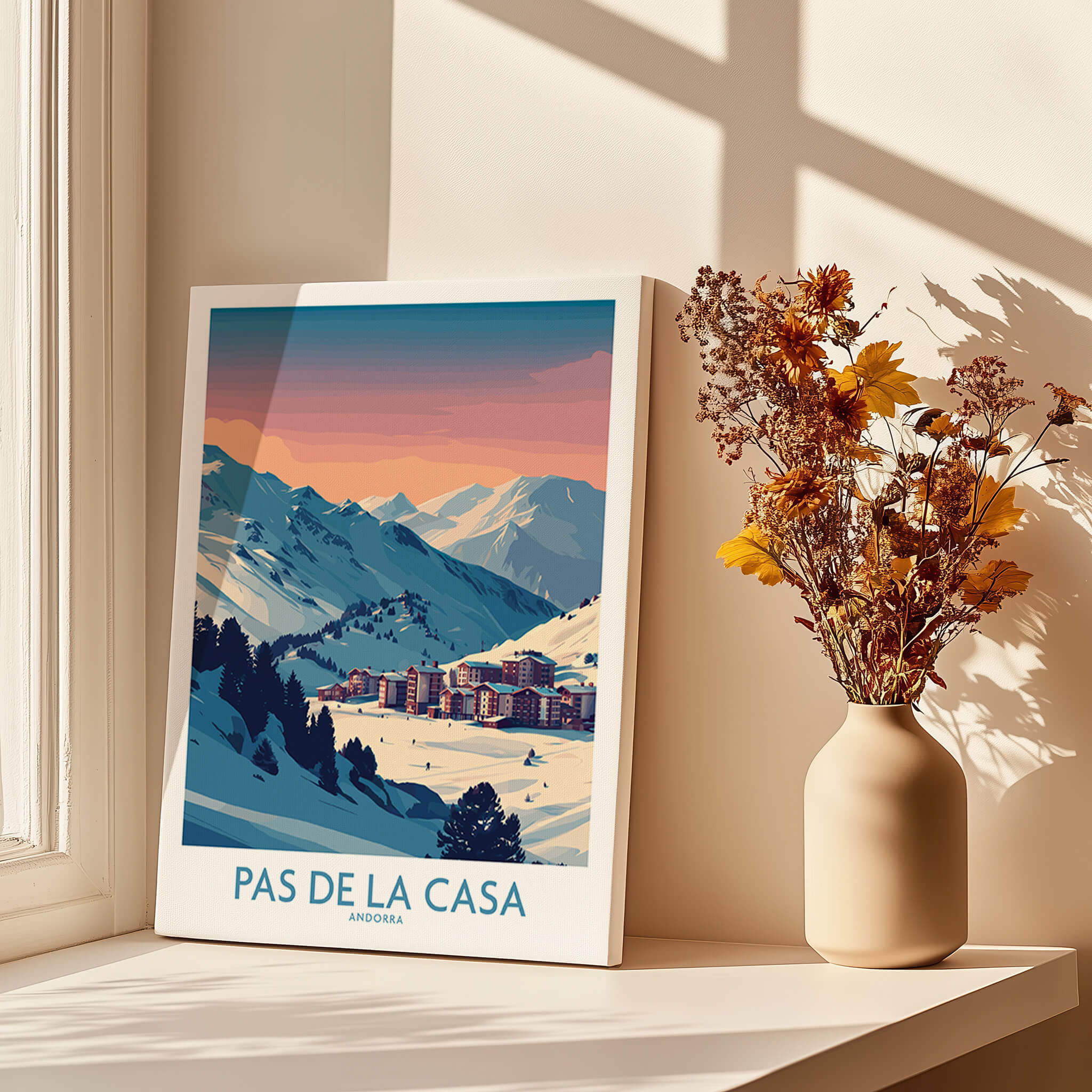 Pas de la Casa Andorra Poster | Pyrenees Ski Resort Wall Art featuring snowy peaks and a beautiful sunset.