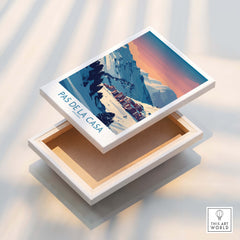 Pas de la Casa Andorra Poster | Pyrenees Ski Resort Wall Art displayed on a wooden box, showcasing snowy slopes and mountains.