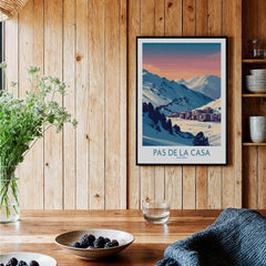 Pas de la Casa Andorra Poster | Pyrenees Ski Resort Wall Art featuring snowy mountains and a vibrant sky.