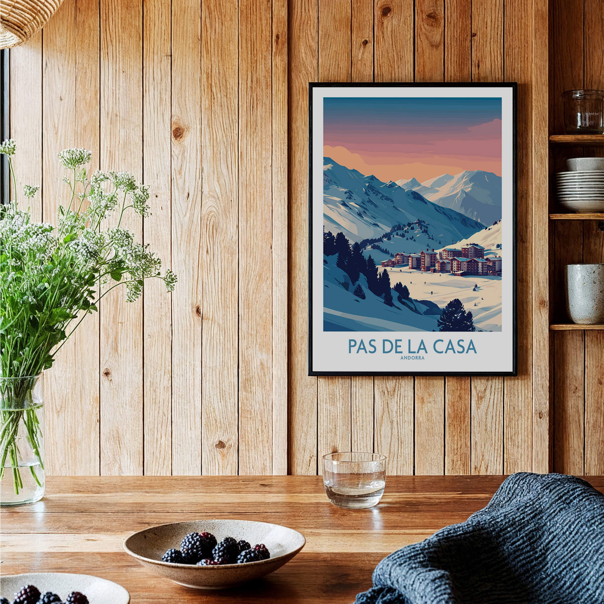 Pas de la Casa Andorra Poster | Pyrenees Ski Resort Wall Art featuring snowy mountains and a vibrant sky.