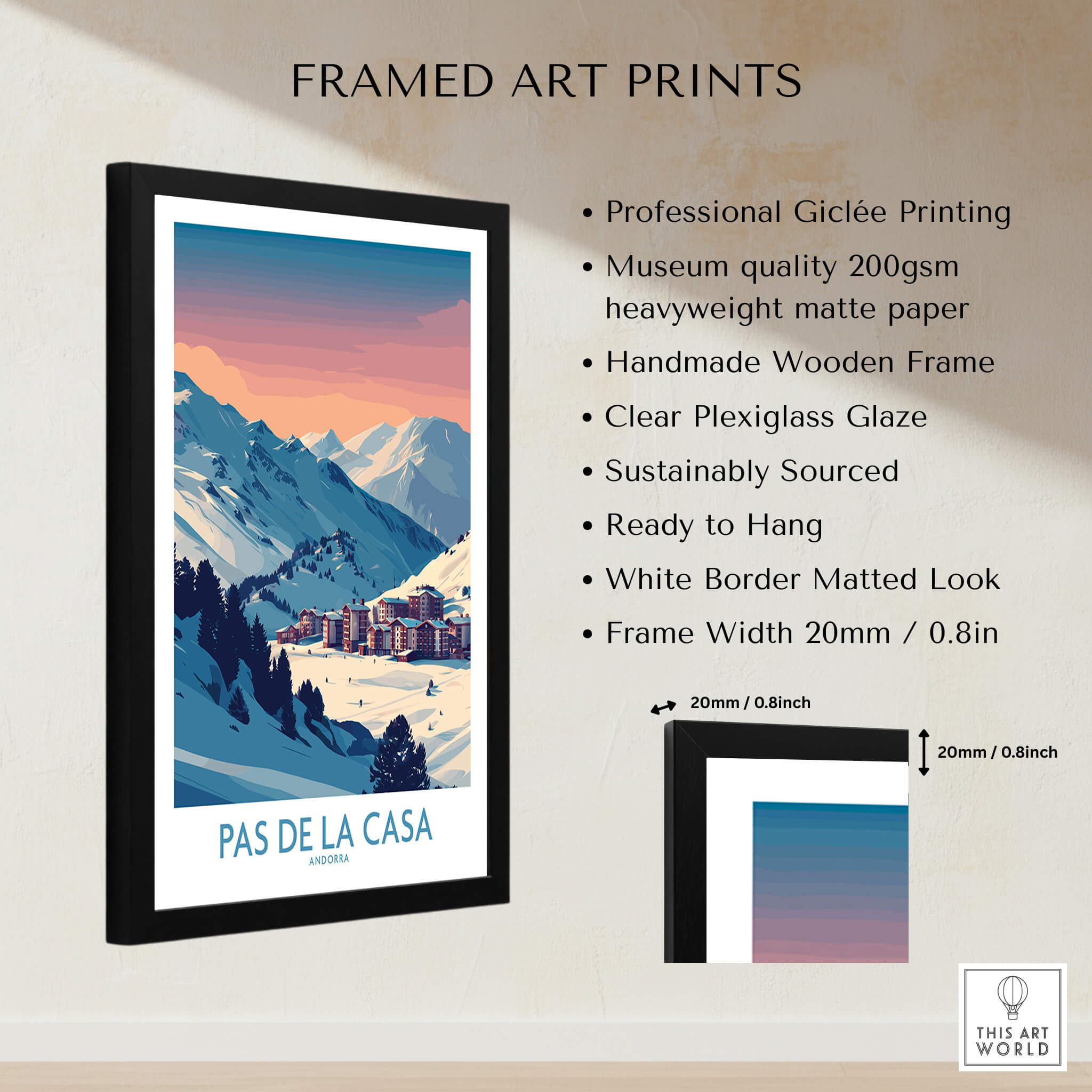 Pas de la Casa Andorra Poster | Pyrenees Ski Resort Wall Art framed print showcasing snowy mountains and ski resort.