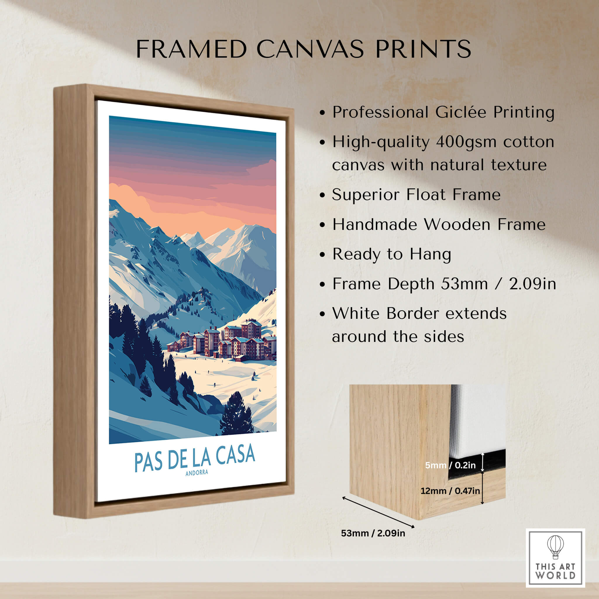 Pas de la Casa Andorra Poster | Pyrenees Ski Resort Wall Art in a wooden frame showcasing snowy mountains and ski resort.