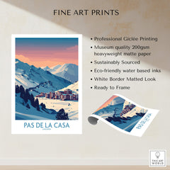 Pas de la Casa Andorra Poster | Pyrenees Ski Resort Wall Art showcasing snow-covered peaks and resort details.