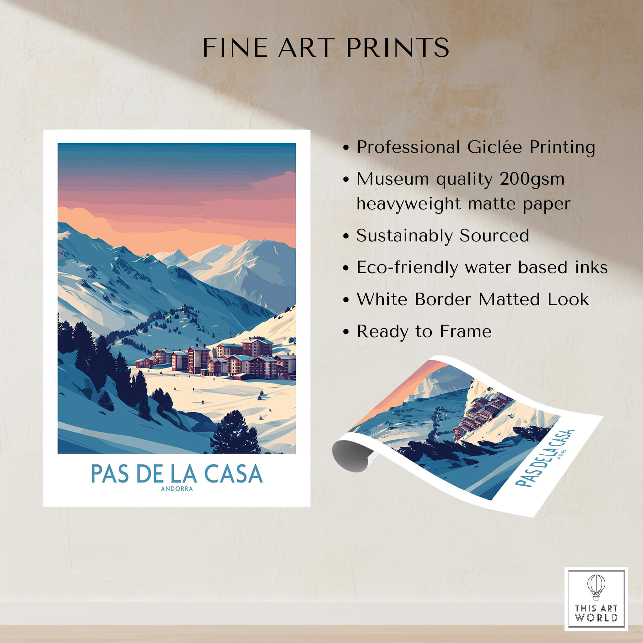 Pas de la Casa Andorra Poster | Pyrenees Ski Resort Wall Art showcasing snow-covered peaks and resort details.