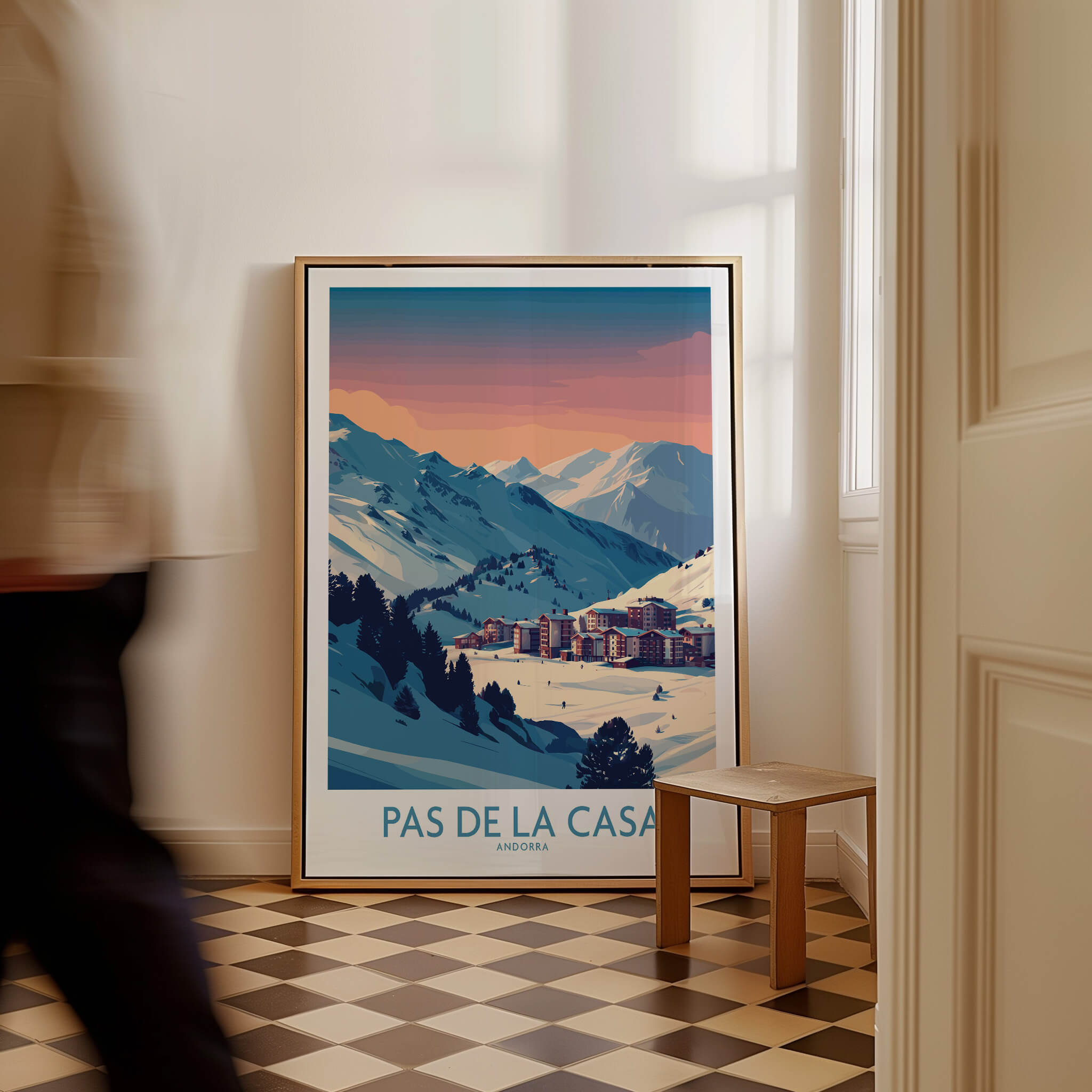 Pas de la Casa Andorra Poster | Pyrenees Ski Resort Wall Art showcasing snowy peaks and lively ski resort atmosphere.