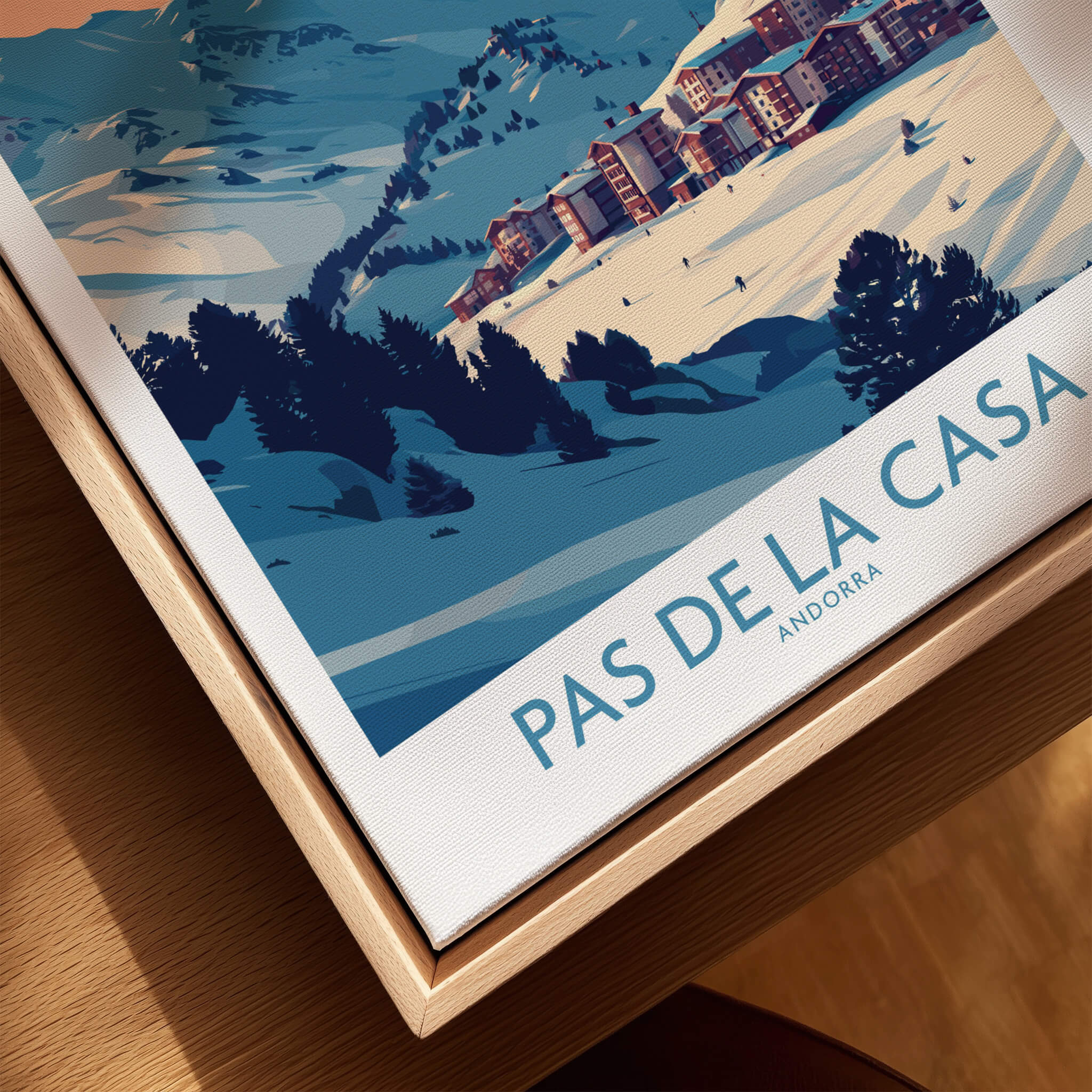 Pas de la Casa Andorra Poster | Pyrenees Ski Resort Wall Art featuring snowy peaks and resort buildings.