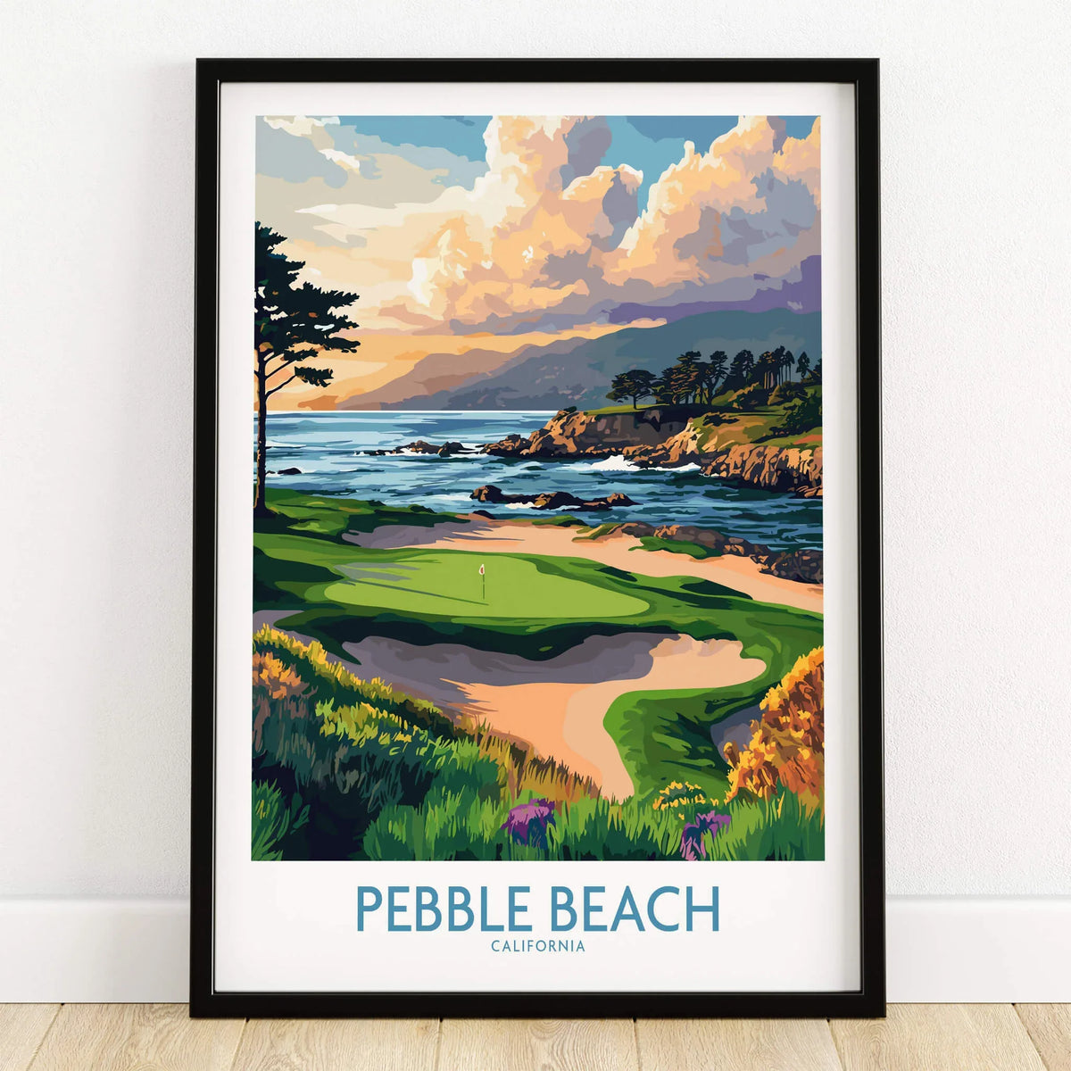 Pebble Beach Print California - Iconic Golf Poster showcasing a stunning coastal view.