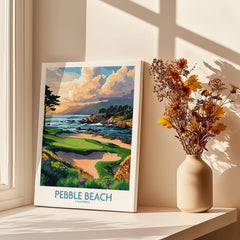 Pebble Beach Print California - Iconic Golf Poster featuring scenic coastal views and golf course.
