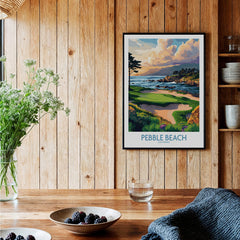 Pebble Beach Print California - Iconic Golf Poster displayed in a rustic home setting with wooden walls.