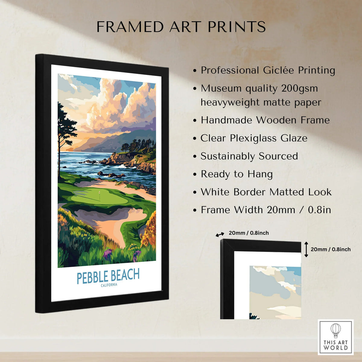 Pebble Beach Print California - Iconic Golf Poster framed art print featuring coastal scenery and professional giclée printing.