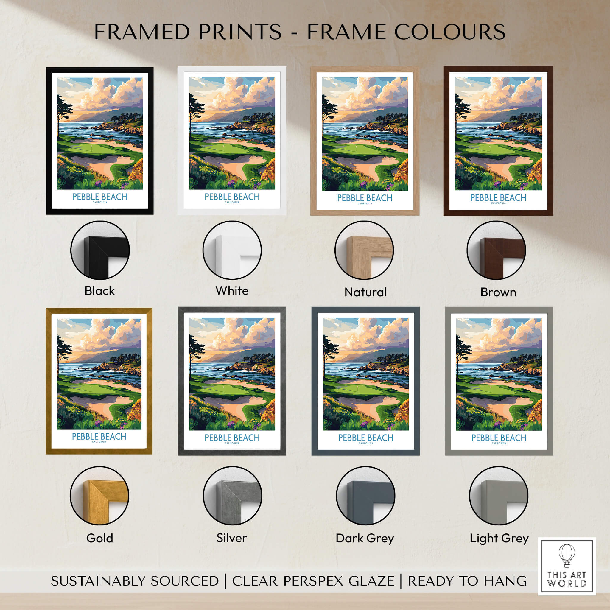 Pebble Beach Print California - Iconic Golf Poster in various framed colors including black, white, natural, and brown.