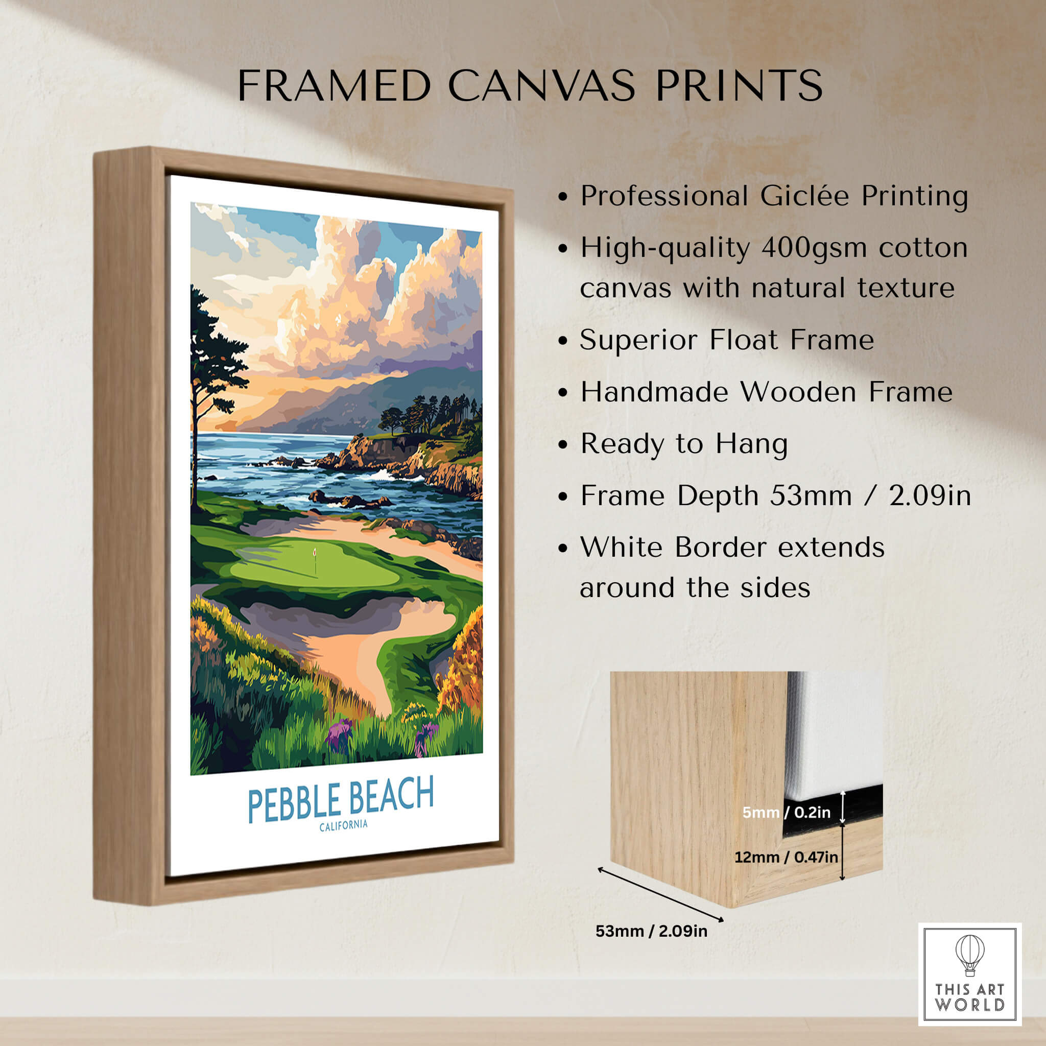 Pebble Beach Print California - Iconic Golf Poster framed on a wall showcasing scenic coastal views.