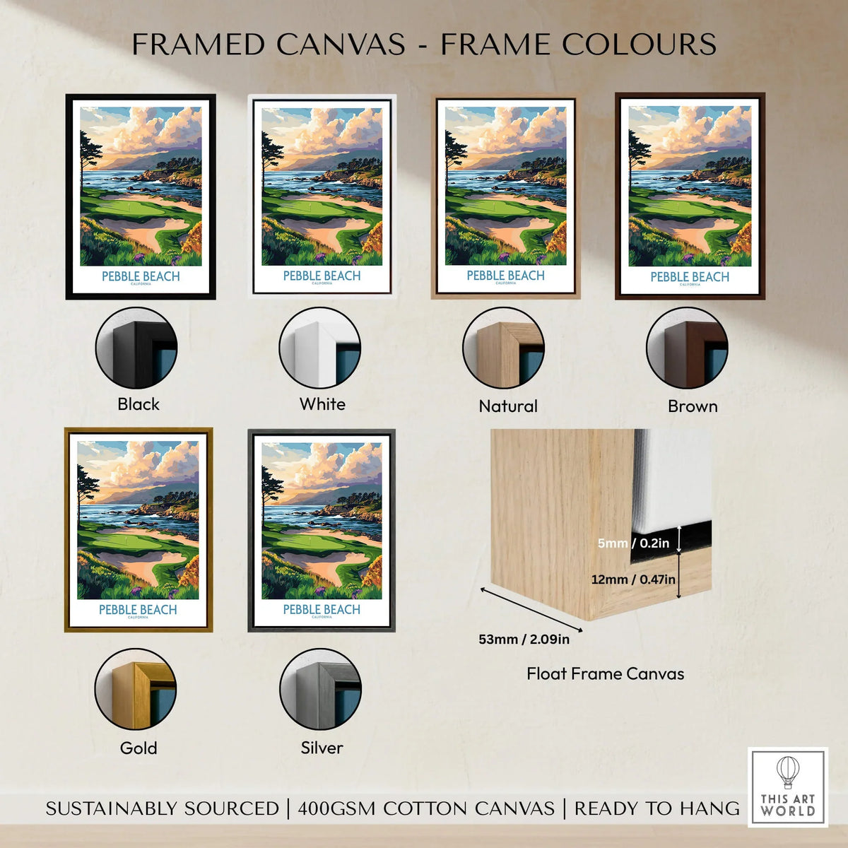 Pebble Beach Print California - Iconic Golf Poster with various frame color options displayed.