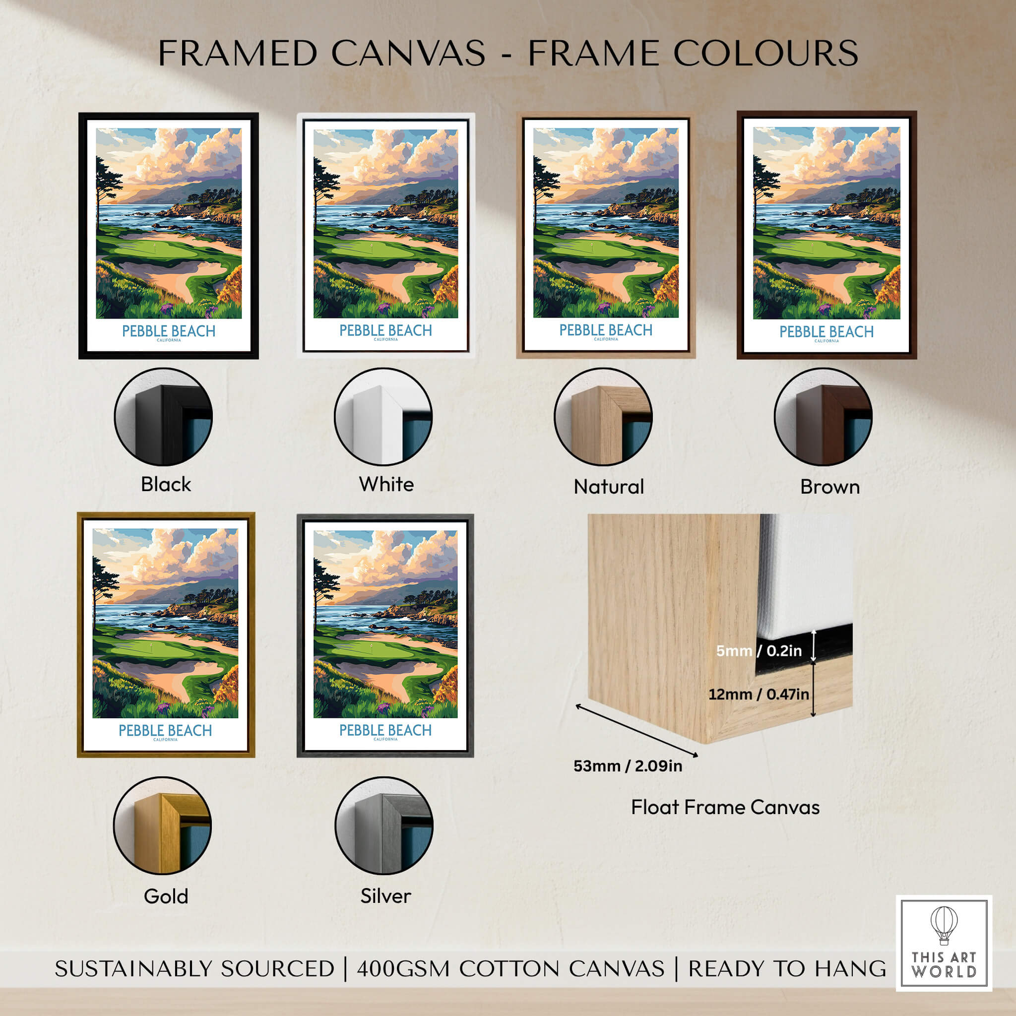 Pebble Beach Print California - Iconic Golf Poster with various frame color options displayed.