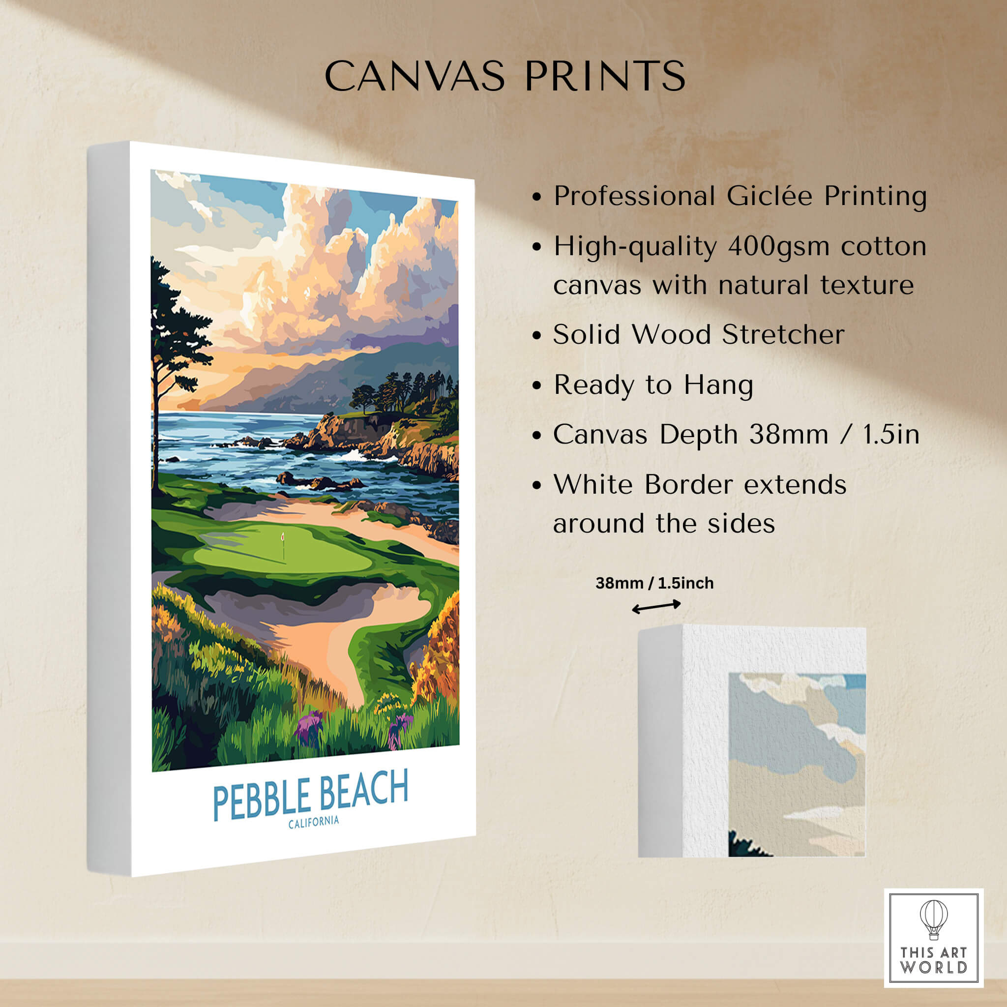 Pebble Beach Print California - Iconic Golf Poster showcasing coastal cliffs and pristine fairways.