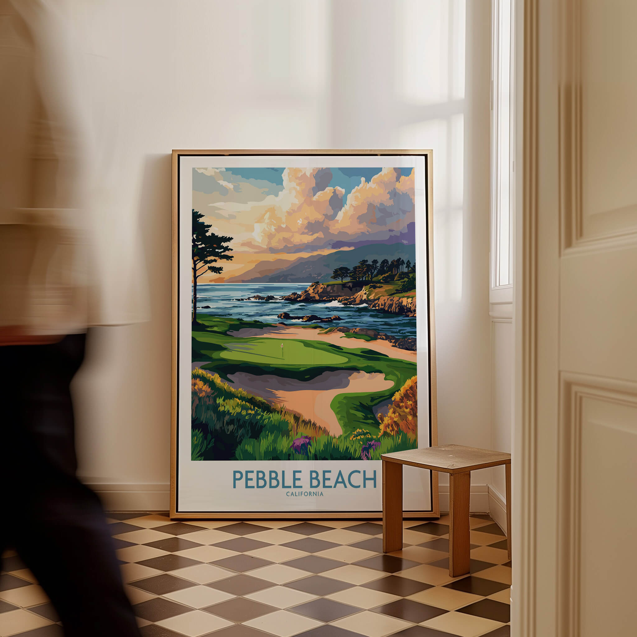 Pebble Beach Print California - Iconic Golf Poster displayed in a stylish interior setting.