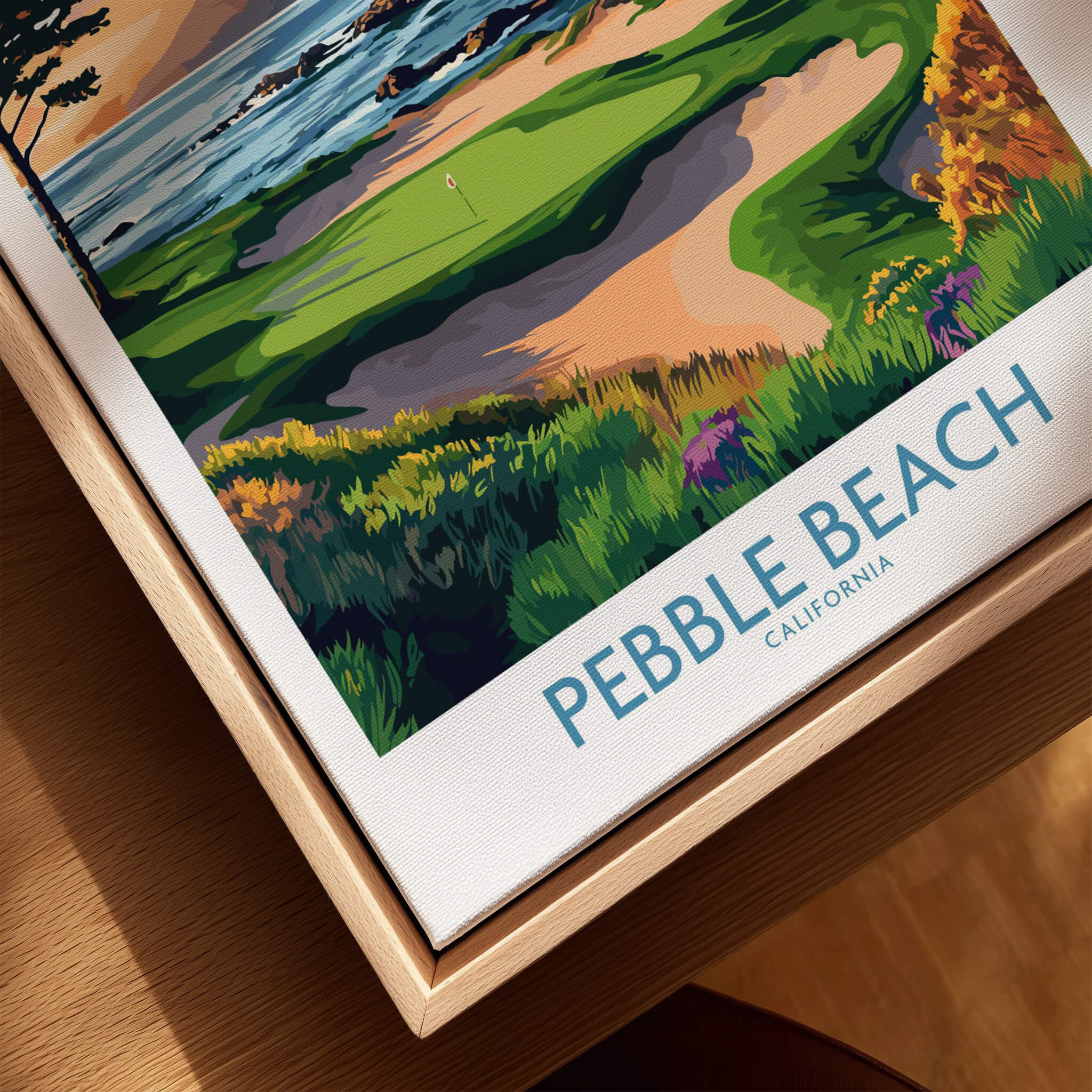 Pebble Beach Print California - Iconic Golf Poster showcasing stunning coastal golf scenery.