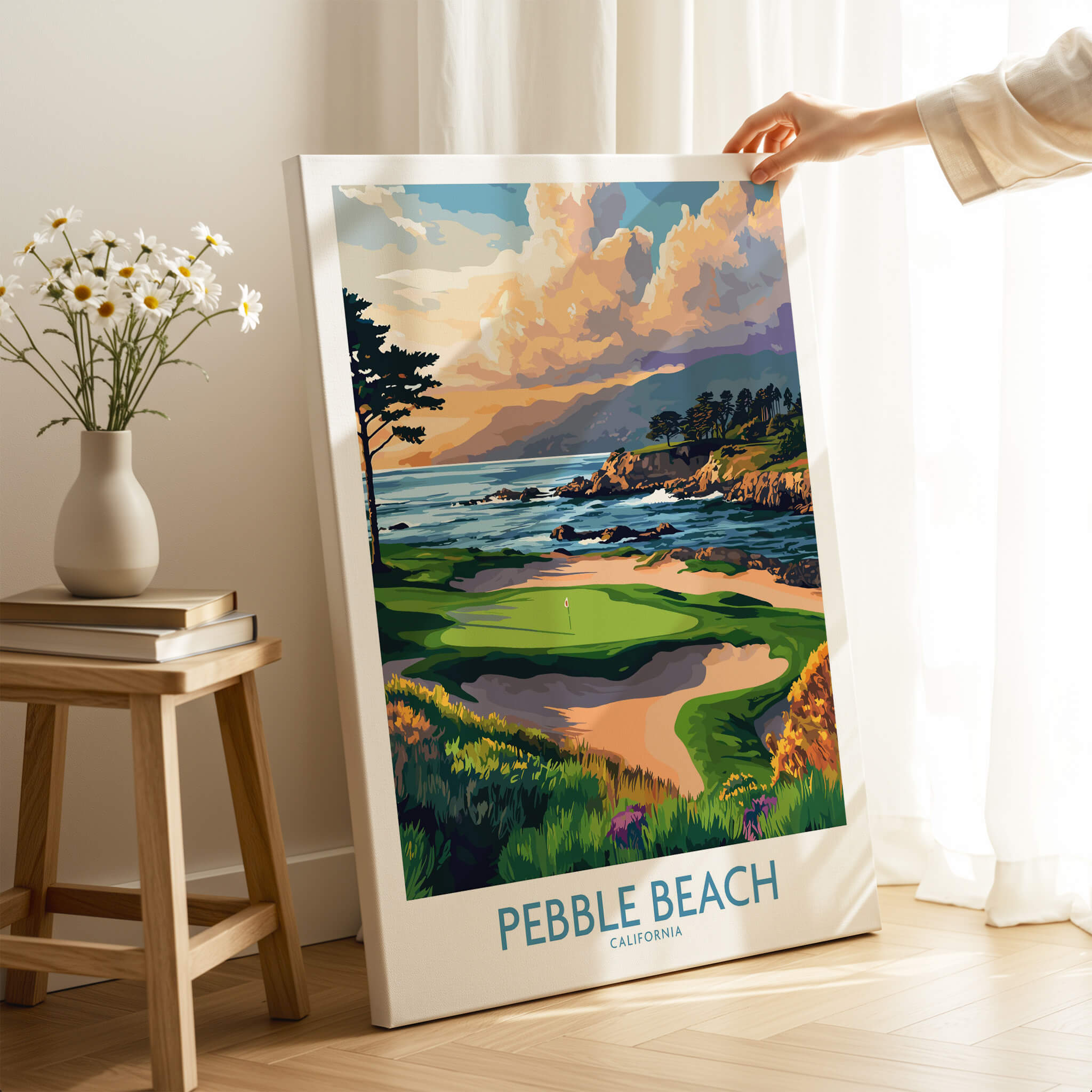 Pebble Beach Print California - Iconic Golf Poster displayed in a bright room with floral decoration.