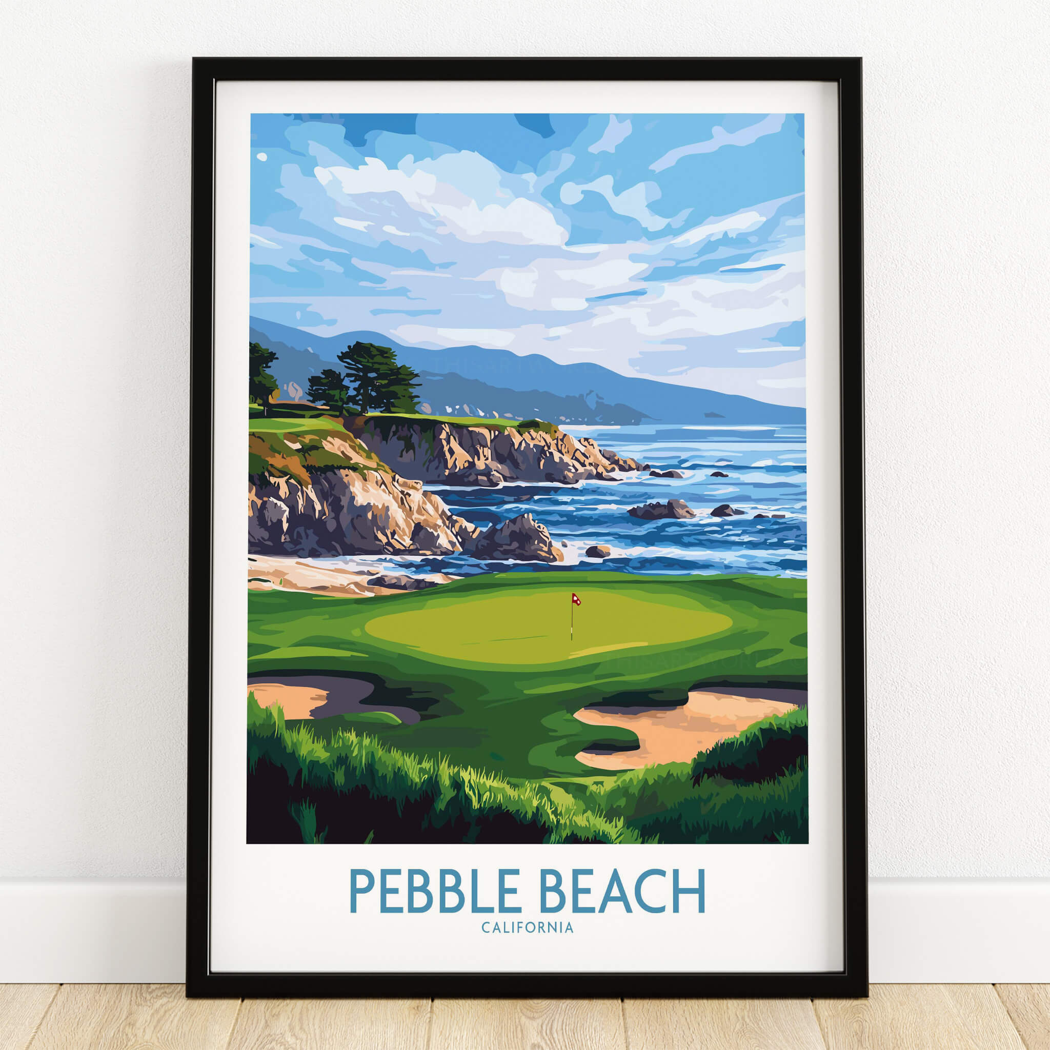 Pebble Beach Golf Poster - California Championship Golf Course Wall Art featuring stunning coastal views and lush fairways.