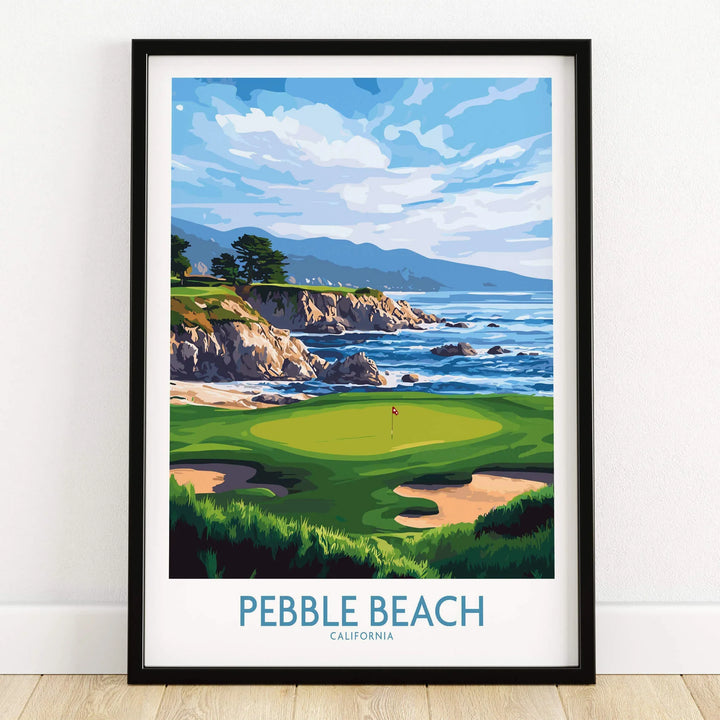 Pebble Beach Golf Poster - California Championship Golf Course Wall Art featuring stunning coastal views and lush fairways.