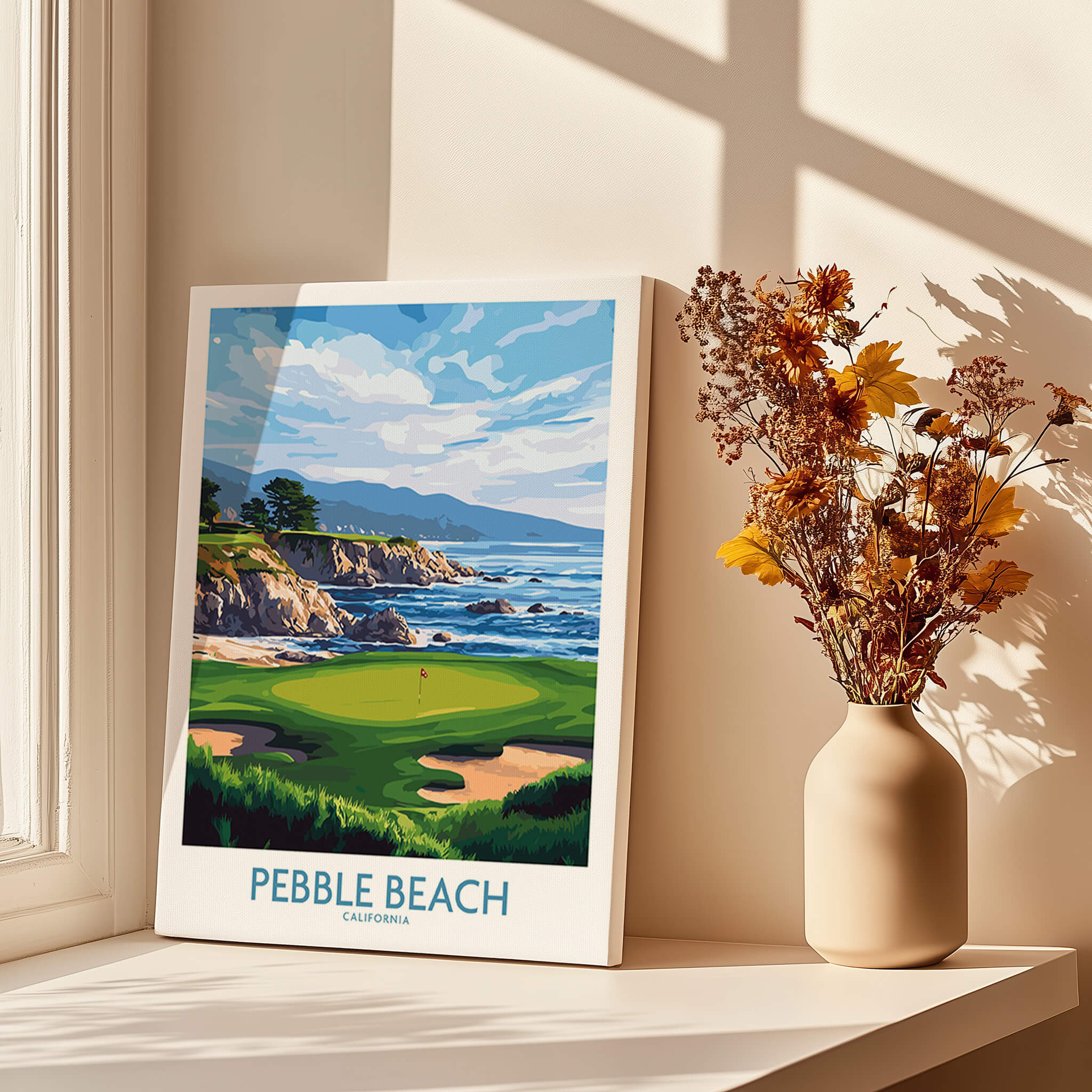 Pebble Beach Golf Poster - California Championship Golf Course Wall Art showcasing stunning coastal views.