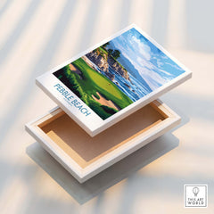 Pebble Beach Golf Poster - California Championship Golf Course Wall Art displayed on a box with coastal landscape.