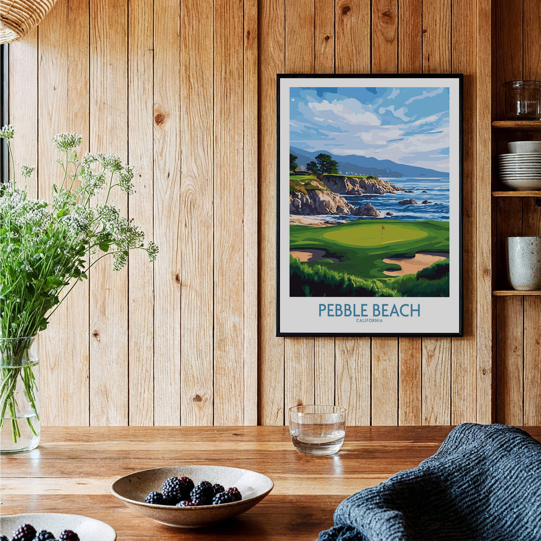 Pebble Beach Golf Poster - California Championship Golf Course Wall Art displayed in a cozy home setting with wooden decor.