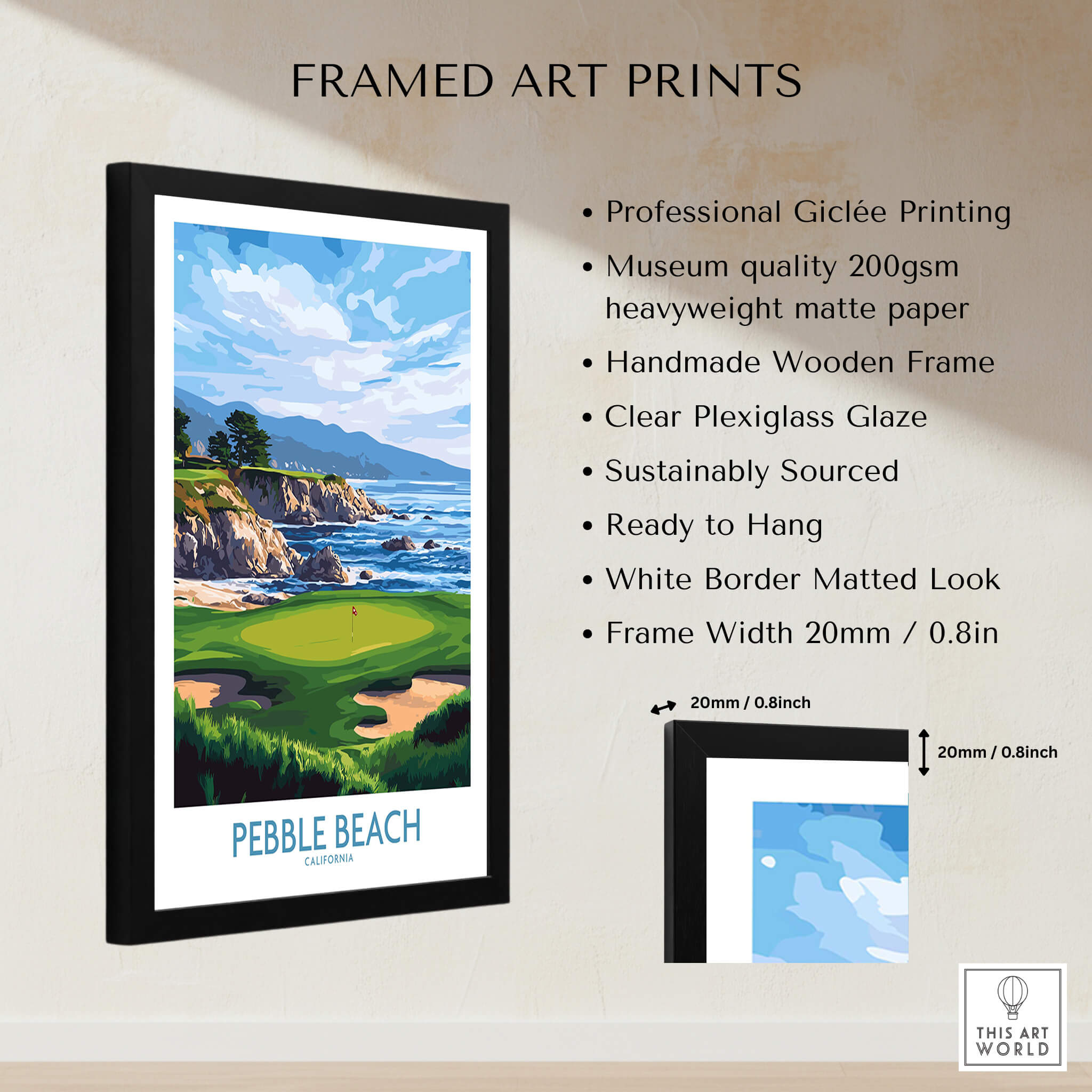 Pebble Beach Golf Poster - California Championship Golf Course Wall Art framed print showcasing stunning coastal views.