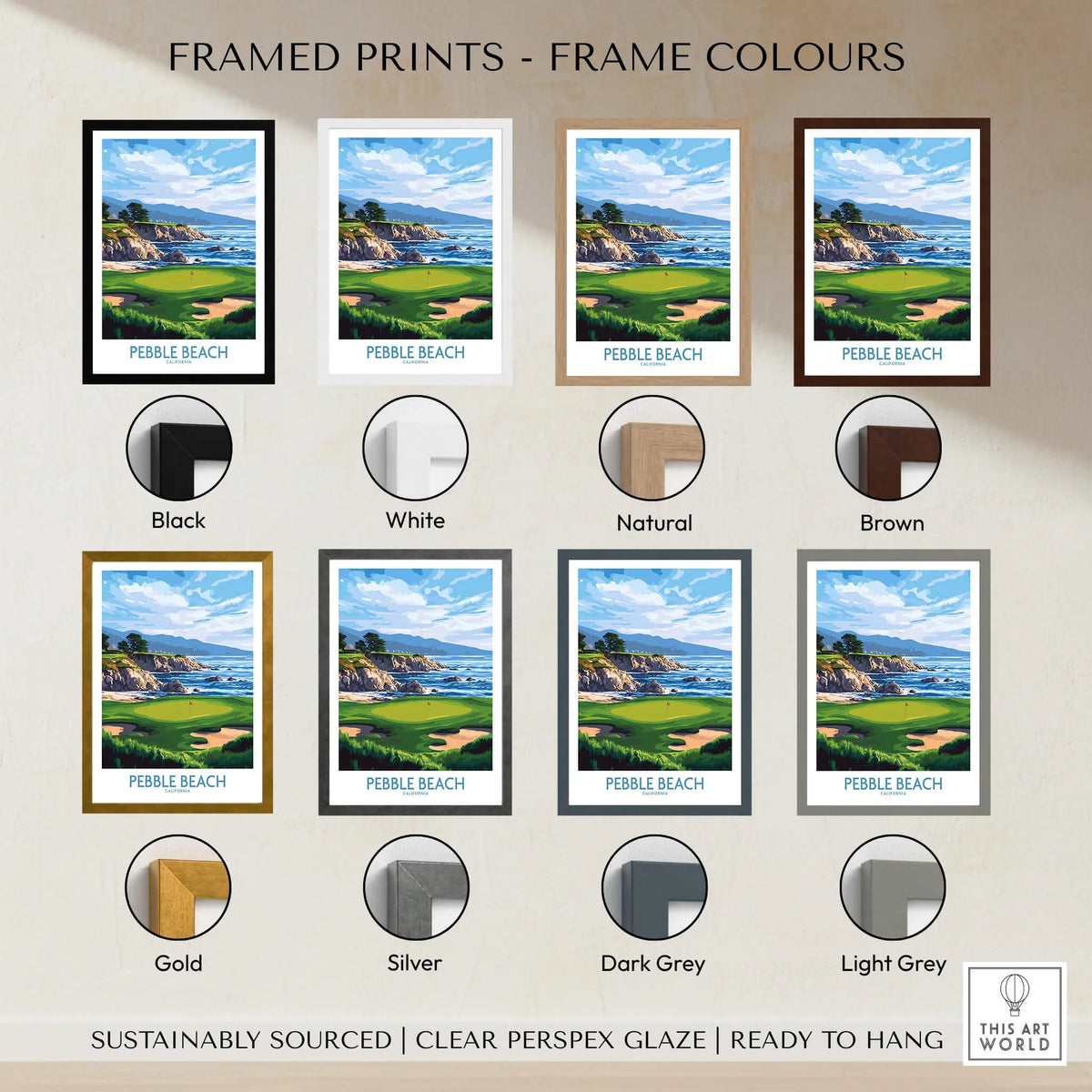 Framed Pebble Beach Golf Poster - California Championship Golf Course Wall Art color options including Black, White, Natural, Brown, Gold, Silver, Dark Grey, Light Grey.