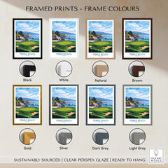Framed Pebble Beach Golf Poster - California Championship Golf Course Wall Art color options including Black, White, Natural, Brown, Gold, Silver, Dark Grey, Light Grey.