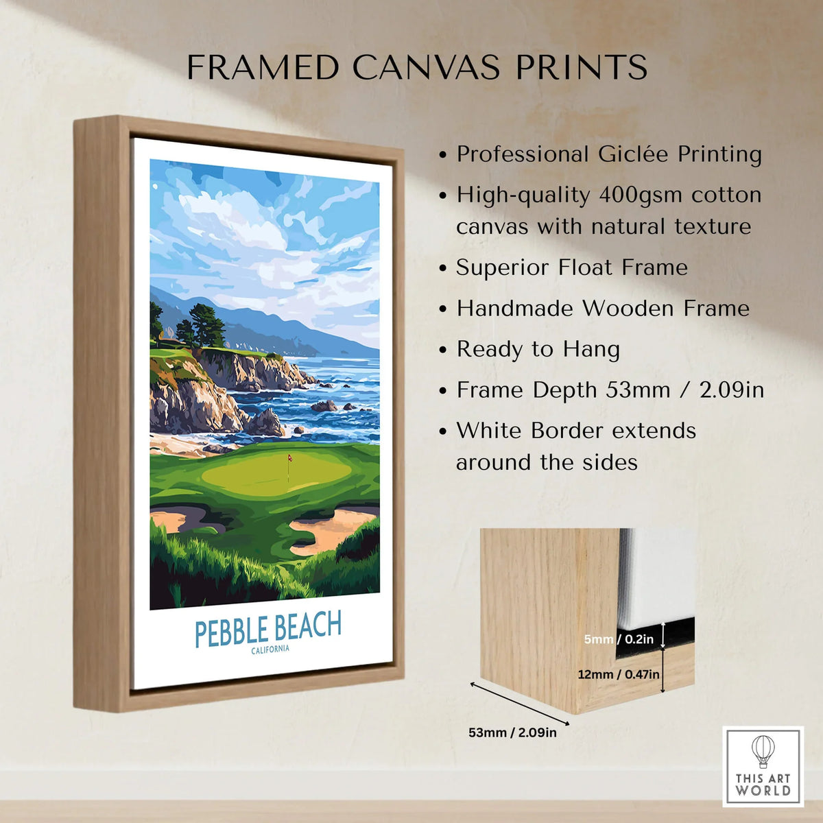 Pebble Beach Golf Poster - California Championship Golf Course Wall Art framed canvas print showcasing a coastal golf scene.
