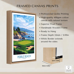 Pebble Beach Golf Poster - California Championship Golf Course Wall Art framed canvas print showcasing a coastal golf scene.