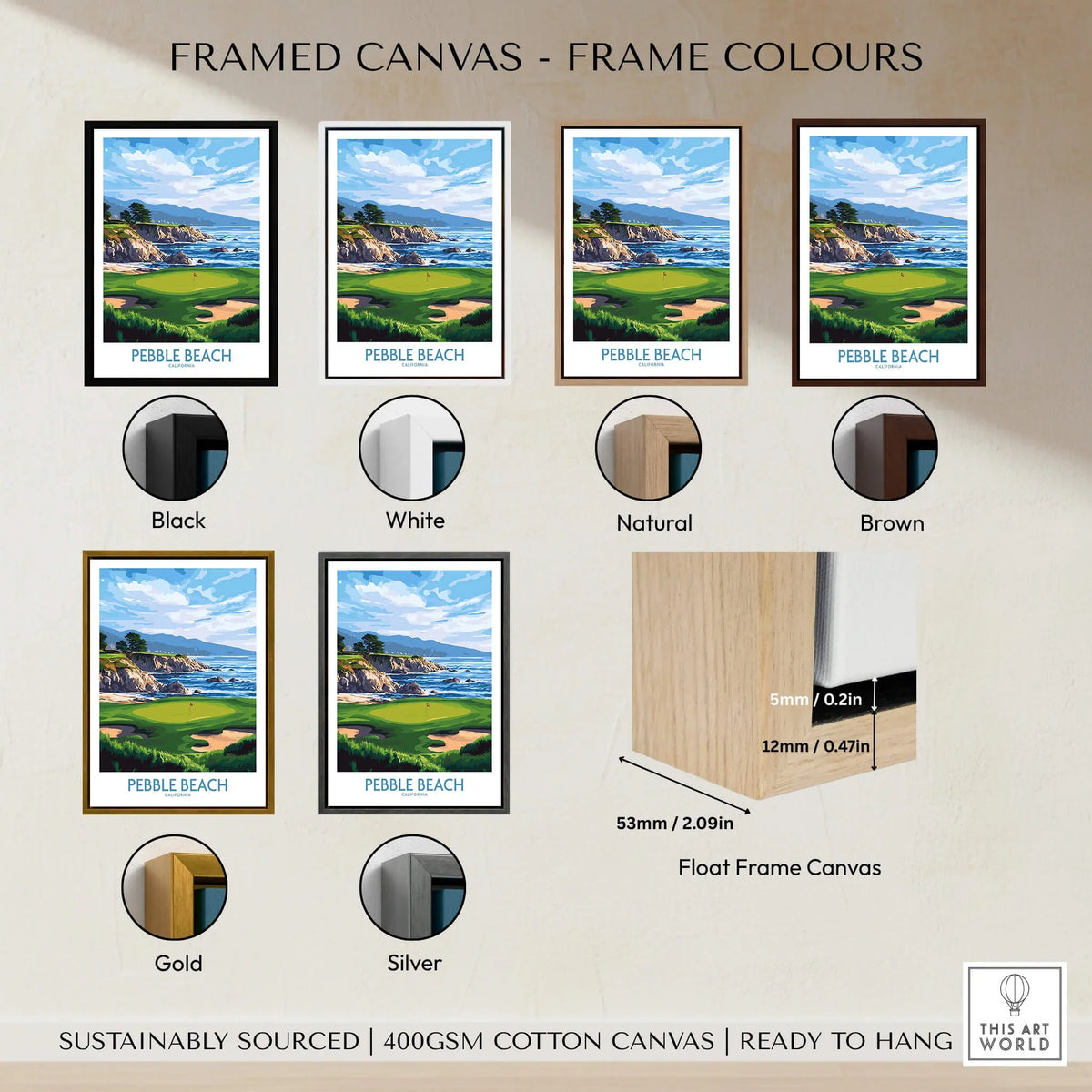 Pebble Beach Golf Poster - California Championship Golf Course Wall Art framed with various frame colors options.