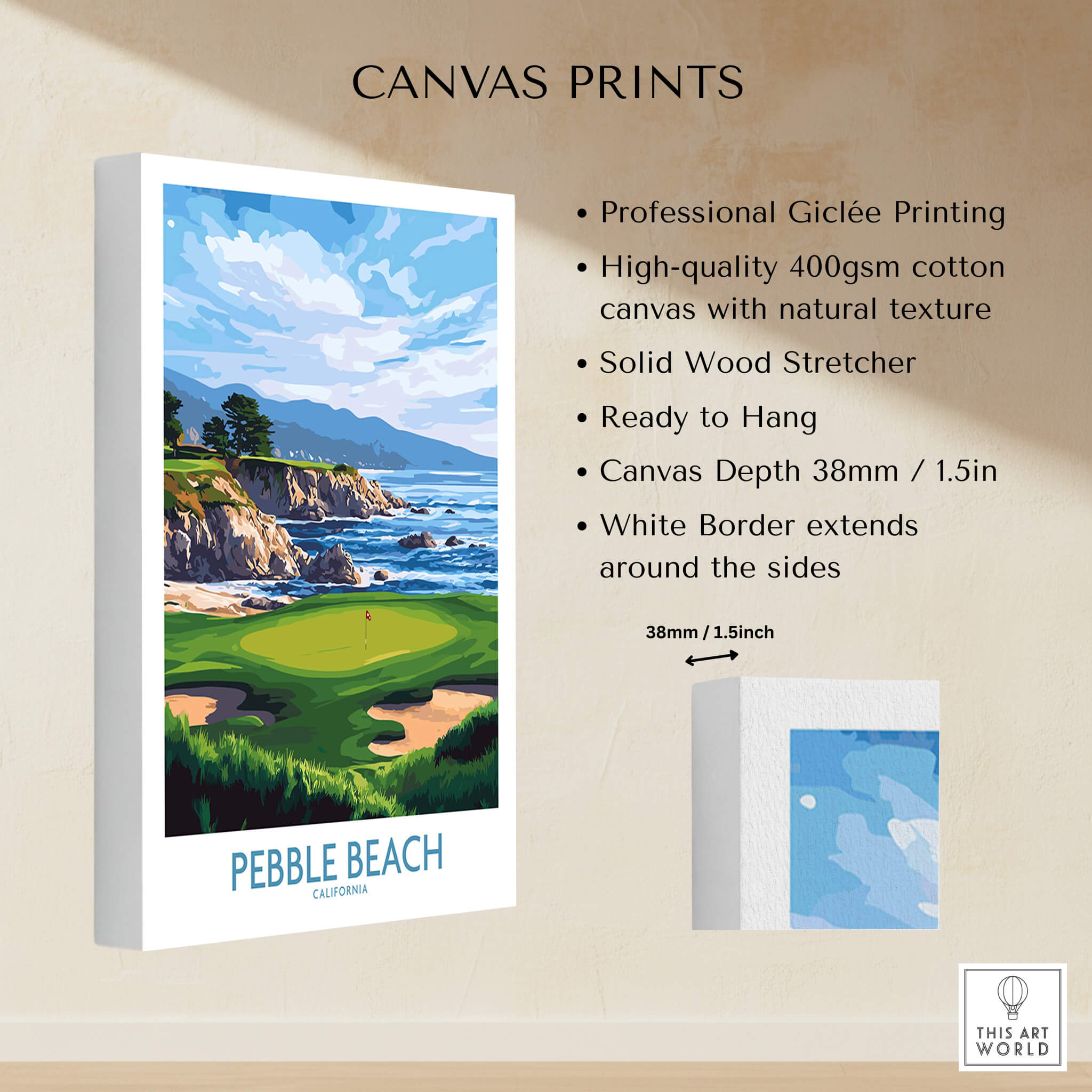 Pebble Beach Golf Poster - California Championship Golf Course Wall Art showcasing the iconic golf course and coastal views.