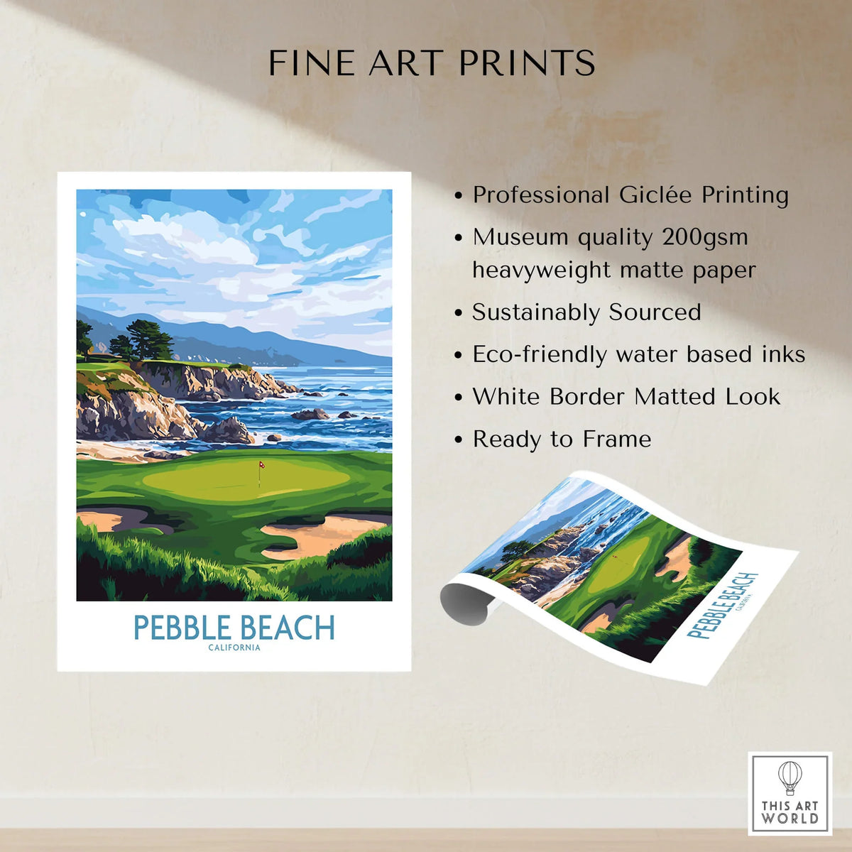 Pebble Beach Golf Poster - California Championship Golf Course Wall Art showcasing stunning coastal scenery and professional printing.
