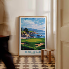 Pebble Beach Golf Poster - California Championship Golf Course Wall Art displayed in an elegant interior setting.