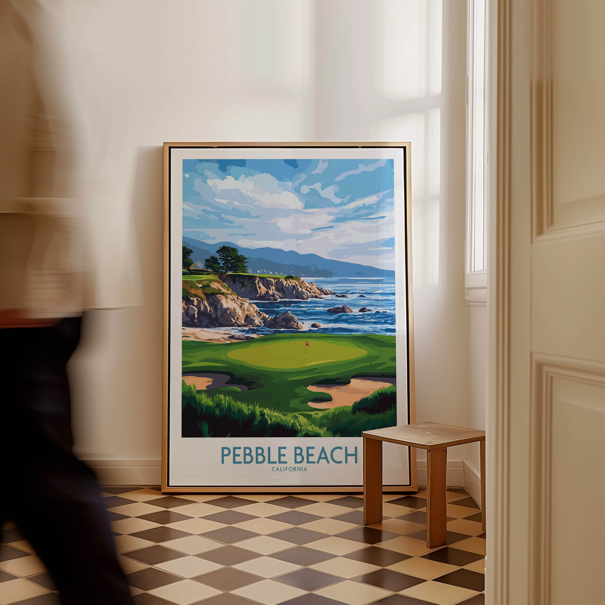 Pebble Beach Golf Poster - California Championship Golf Course Wall Art displayed in an elegant interior setting.